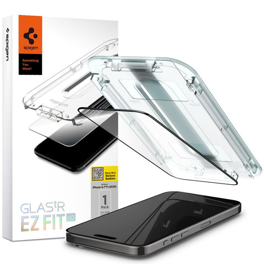 Zaštitna folija za ekran Spigen EZ FIT za Apple iPhone 15, Kaljeno staklo, Pun ljepilo, 2.5D, Kompatibilno s maskama, Crna AGL06908