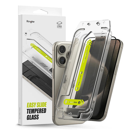 Zaštitna folija za ekran Ringke Easy Slide za Apple iPhone 16 Pro, Kaljeno staklo, Pun ljepilo, Set od 2 komada, Crna