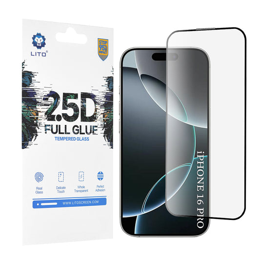 Zaštitna folija za ekran Lito za Apple iPhone 17 / 16 Pro, Kaljeno staklo, Full Glue, 2.5D, Crna