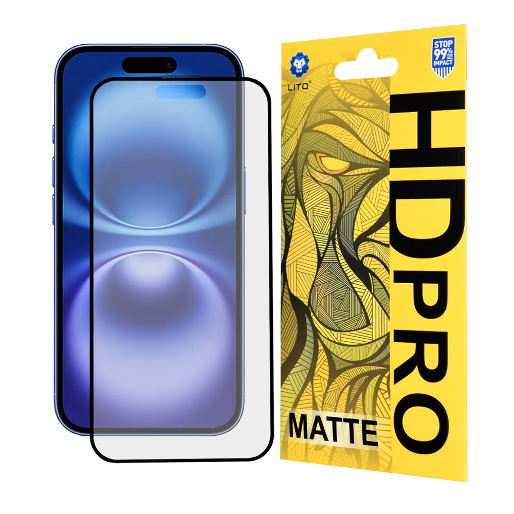 Zaštitna folija za ekran Matte Lito HD Pro za Apple iPhone 16, Kaljeno staklo, Full Glue, Crna