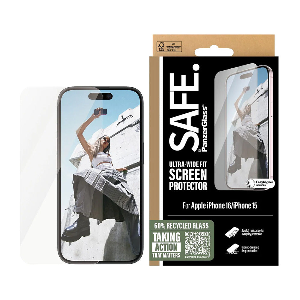 Zaštitna folija za ekran PanzerGlass Safe. Ultra-Wide Fit za Apple iPhone 16 / 15, Kaljeno staklo, Full Glue.