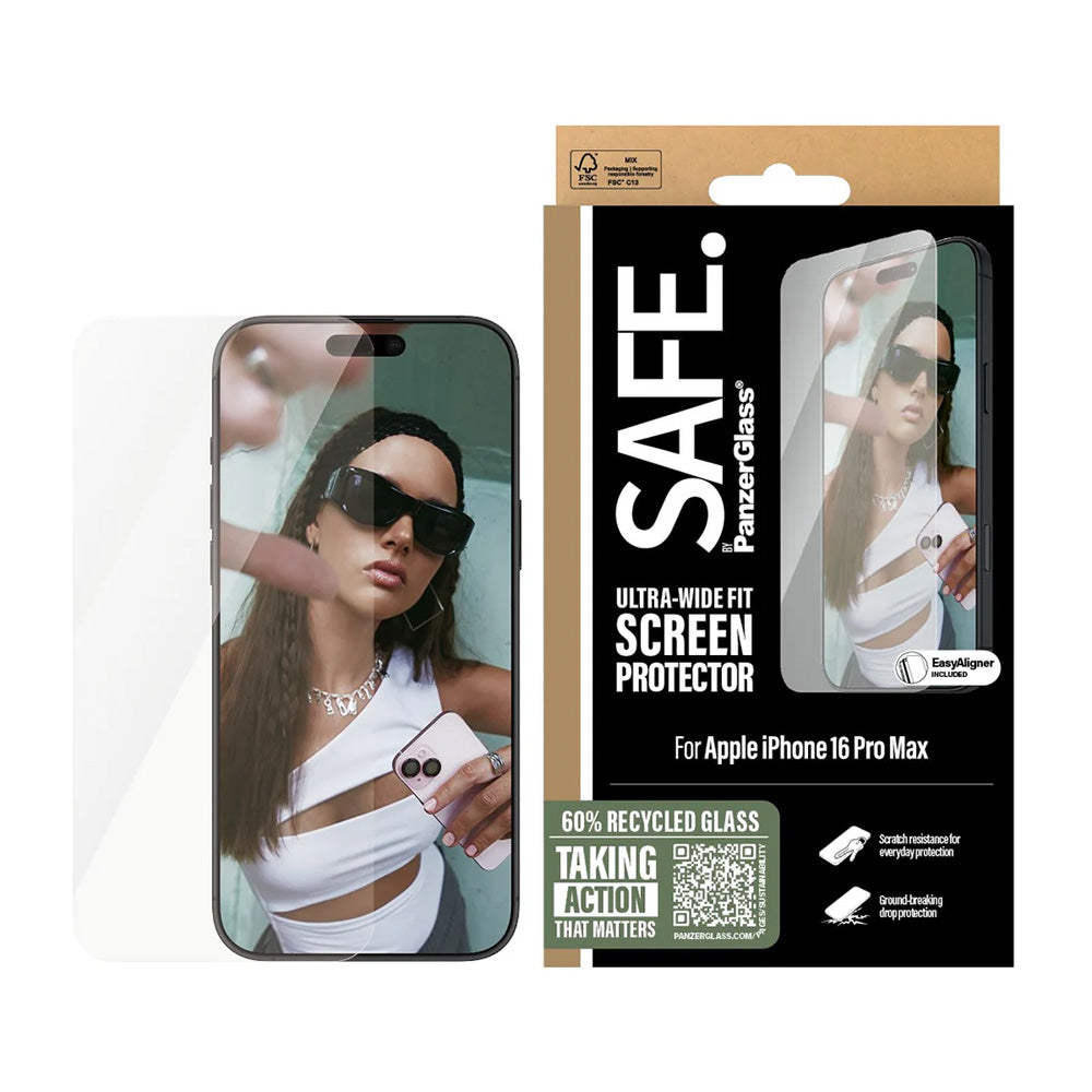 Zaštitna folija za ekran PanzerGlass Safe. Ultra-Wide Fit za Apple iPhone 16 Pro Max, Kaljeno staklo, Full Glue.
