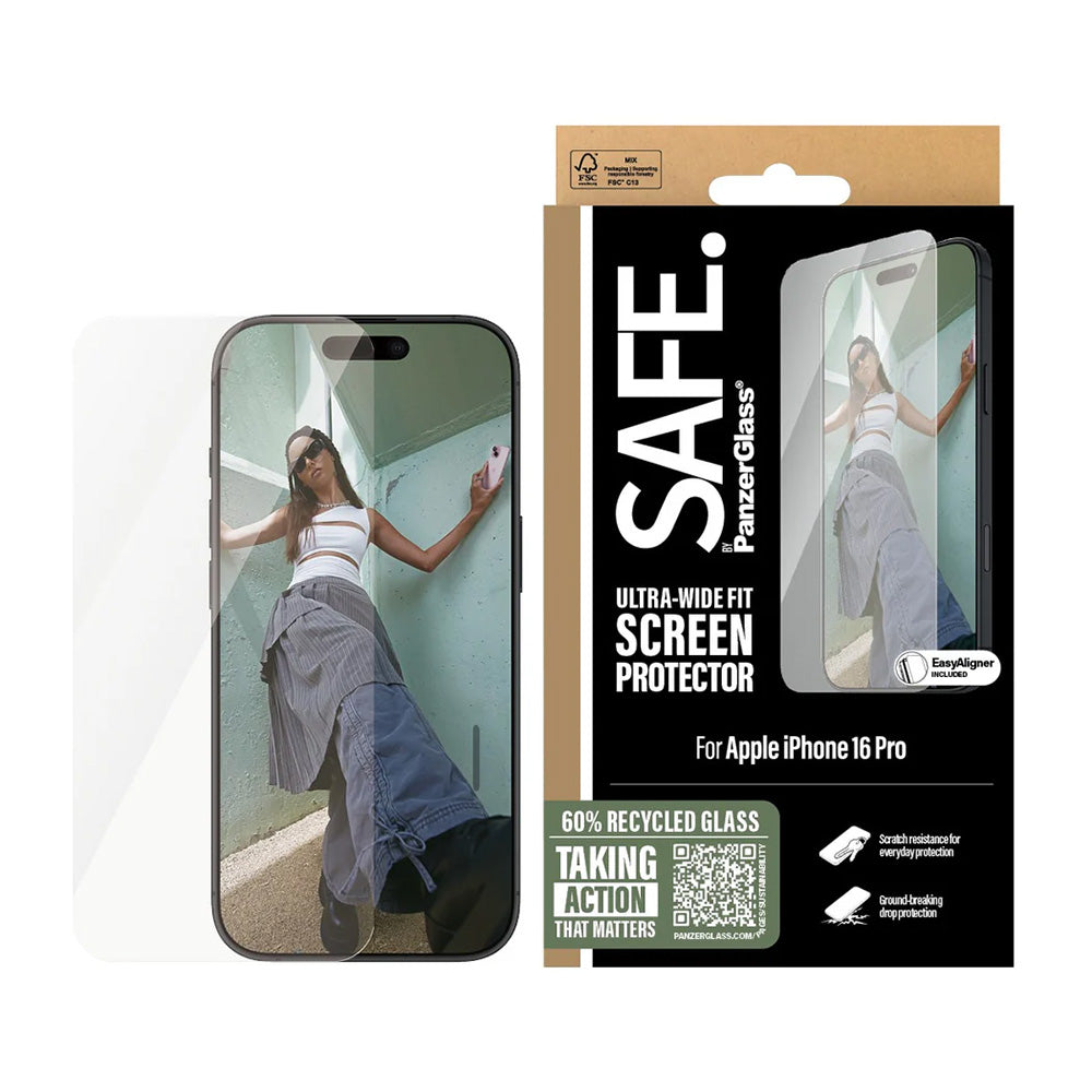 Zaštitna folija za ekran PanzerGlass Safe. Ultra-Wide Fit za Apple iPhone 16 Pro, Kaljeno staklo, Full Glue.