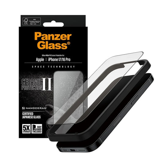 Zaštitna folija za ekran PanzerGlass Ultra-Wide Ceramic II EasyAligner za Apple iPhone 17 / 16 Pro, Kaljeno staklo, Full Glue, Crna