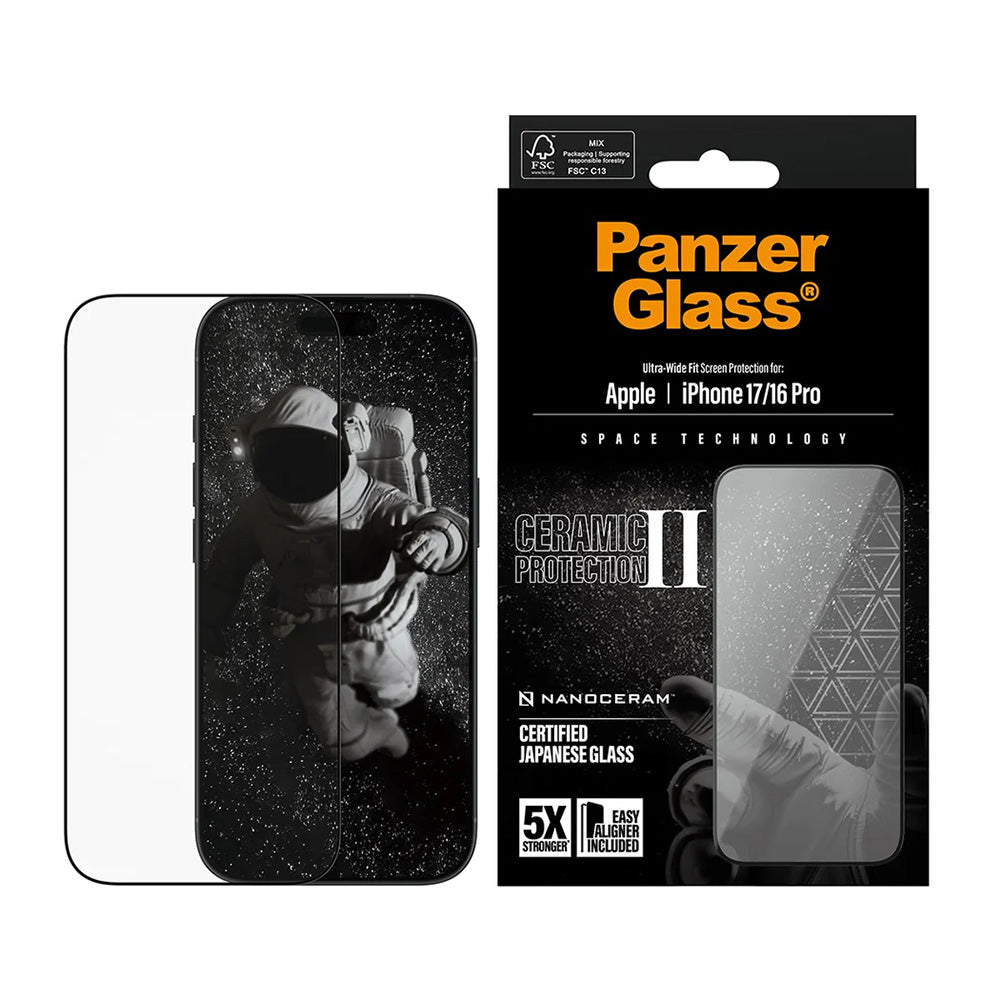 Zaštitna folija za ekran PanzerGlass Ultra-Wide Ceramic II EasyAligner za Apple iPhone 17 / 16 Pro, Kaljeno staklo, Full Glue, Crna