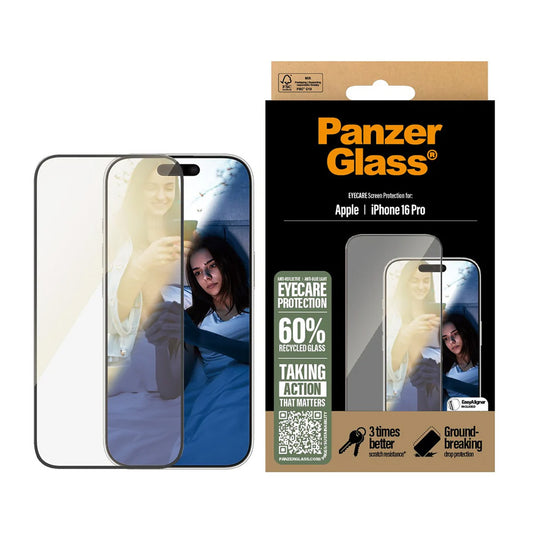 Zaštitna folija za ekran PanzerGlass Ultra-Wide Fit EyeCare za Apple iPhone 16 Pro, Kaljeno staklo, Full Glue, Crna