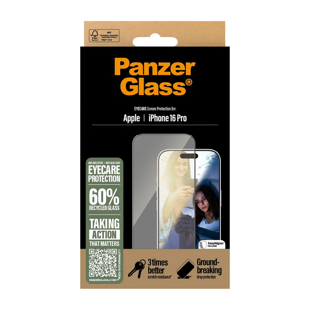 Zaštitna folija za ekran PanzerGlass Ultra-Wide Fit EyeCare za Apple iPhone 16 Pro, Kaljeno staklo, Full Glue, Crna