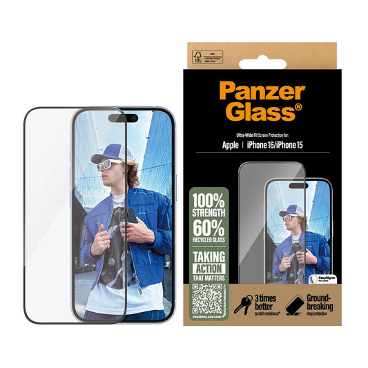 Zaštitna folija za ekran PanzerGlass Ultra-Wide Fit za Apple iPhone 16 / 15, Kaljeno staklo, Full Glue, Crna