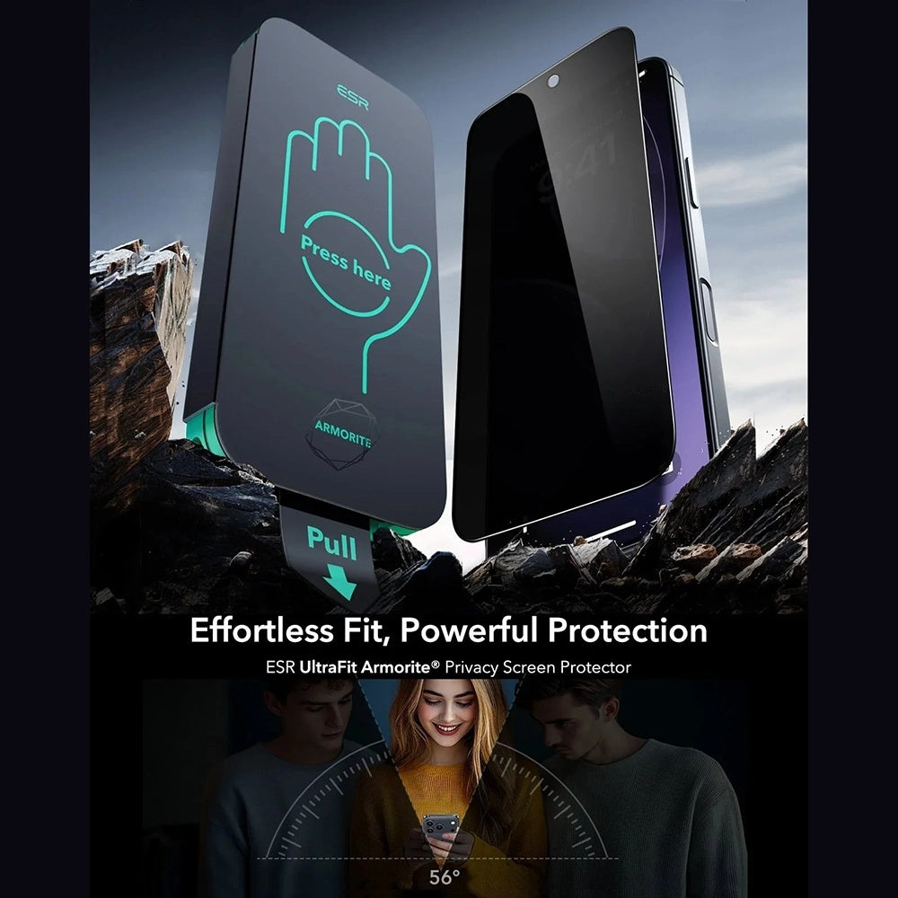 Zaštitna folija Ecran Privacy ESR Armorite UltraFit za Apple iPhone 17 Pro, Kaljeno staklo, Full Glue, Set od 3 komada