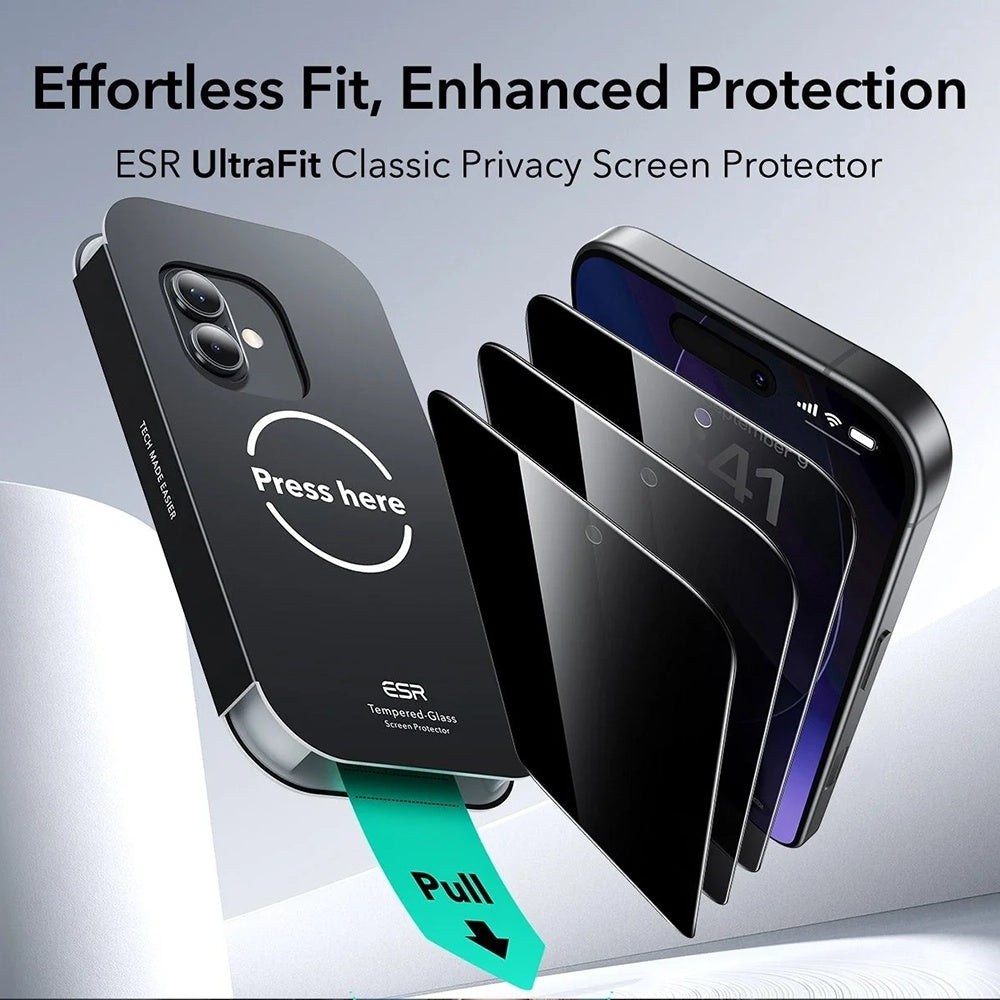 Zaštitna folija za ekran Privacy ESR UltraFit za Apple iPhone 17 / 16 Pro, Kaljeno staklo, Full Glue, Set od 3 komada
