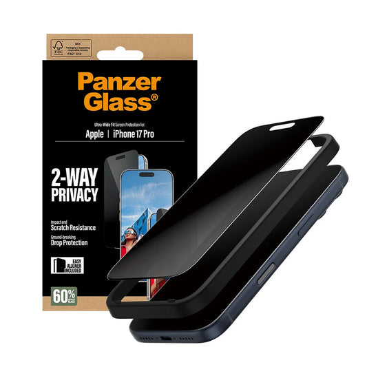 Zaštitna folija za ekran Privacy PanzerGlass Ultra-Wide Fit 2-Way EasyAligner za Apple iPhone 17 Pro, Kaljeno staklo, Full Glue