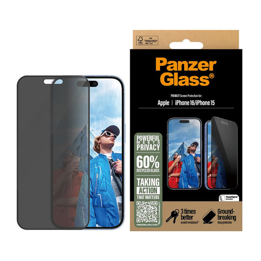 Zaštitna folija za ekran Privacy PanzerGlass Ultra-Wide Fit EasyAligner za Apple iPhone 16 / 15, Kaljeno staklo, Full Glue