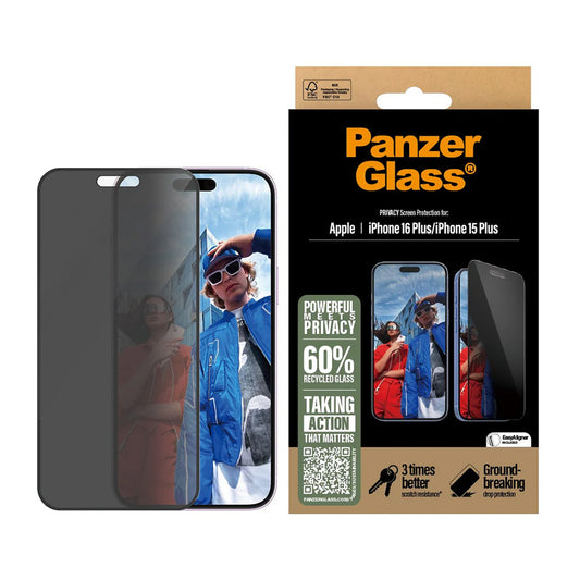 Zaštitna folija za ekran Privacy PanzerGlass Ultra-Wide Fit EasyAligner za Apple iPhone 16 Plus / 15 Plus, Kaljeno staklo, Full Glue
