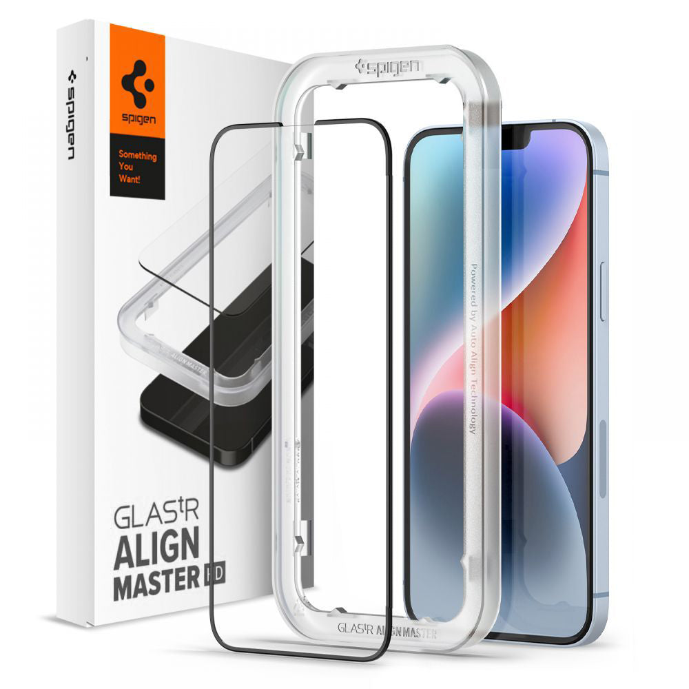 Zaštitna folija za ekran Spigen GlastR Align Master za Apple iPhone 17e / 16e / 14 / 13 Pro, Kaljeno staklo, Full Glue, Crna AGL03725