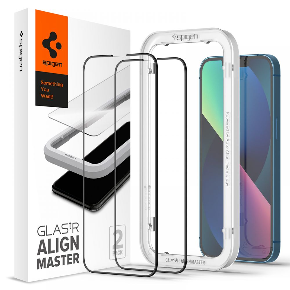 Zaštitna folija za ekran Spigen GlastR Align Master za Apple iPhone 17e / 16e / 14, Kaljeno staklo, Full Glue, Set 2 komada, Crna AGL03387