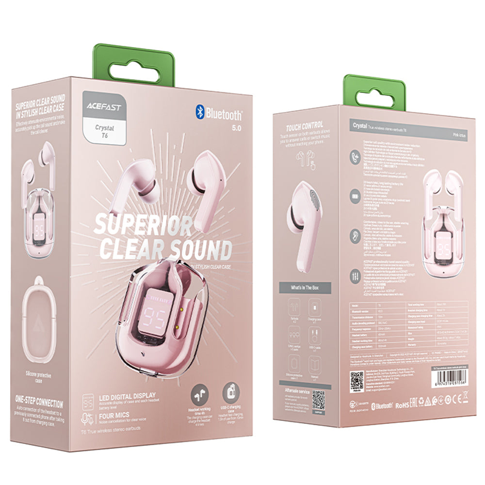 Handsfree Bluetooth Acefast T6, TWS, Ružičasta