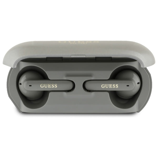 Handsfree Bluetooth Guess produženi metalik tisak logotipa, TWS, sivi
