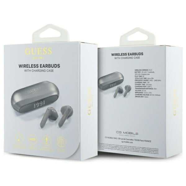 Handsfree Bluetooth Guess produženi metalik tisak logotipa, TWS, sivi