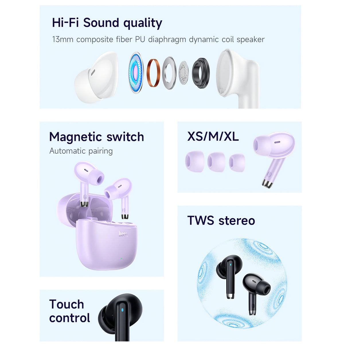 Handsfree Bluetooth HOCO EQ2, TWS, Ljubičasti