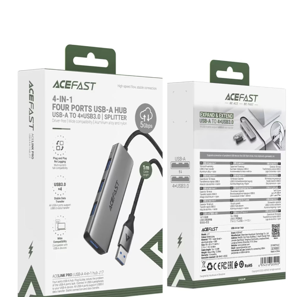 USB hub Acefast J17, 4u1, Sivi