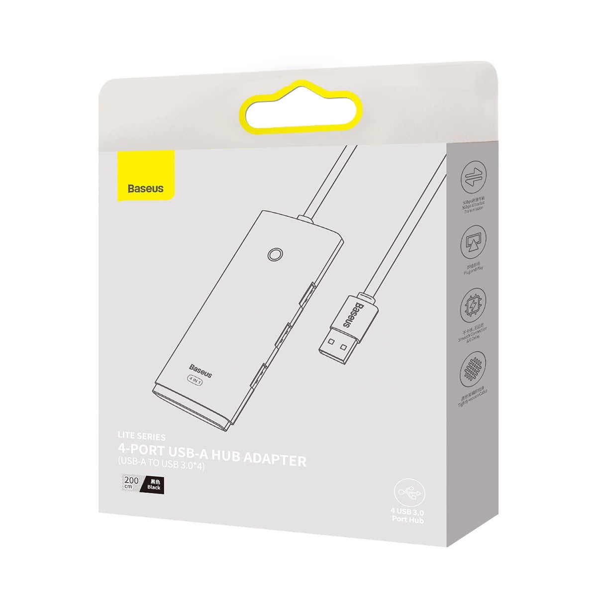 Hub USB Baseus Lite, 4 x USB-A 3.0 - 1 x USB-C, 2m, Crni WKQX030201