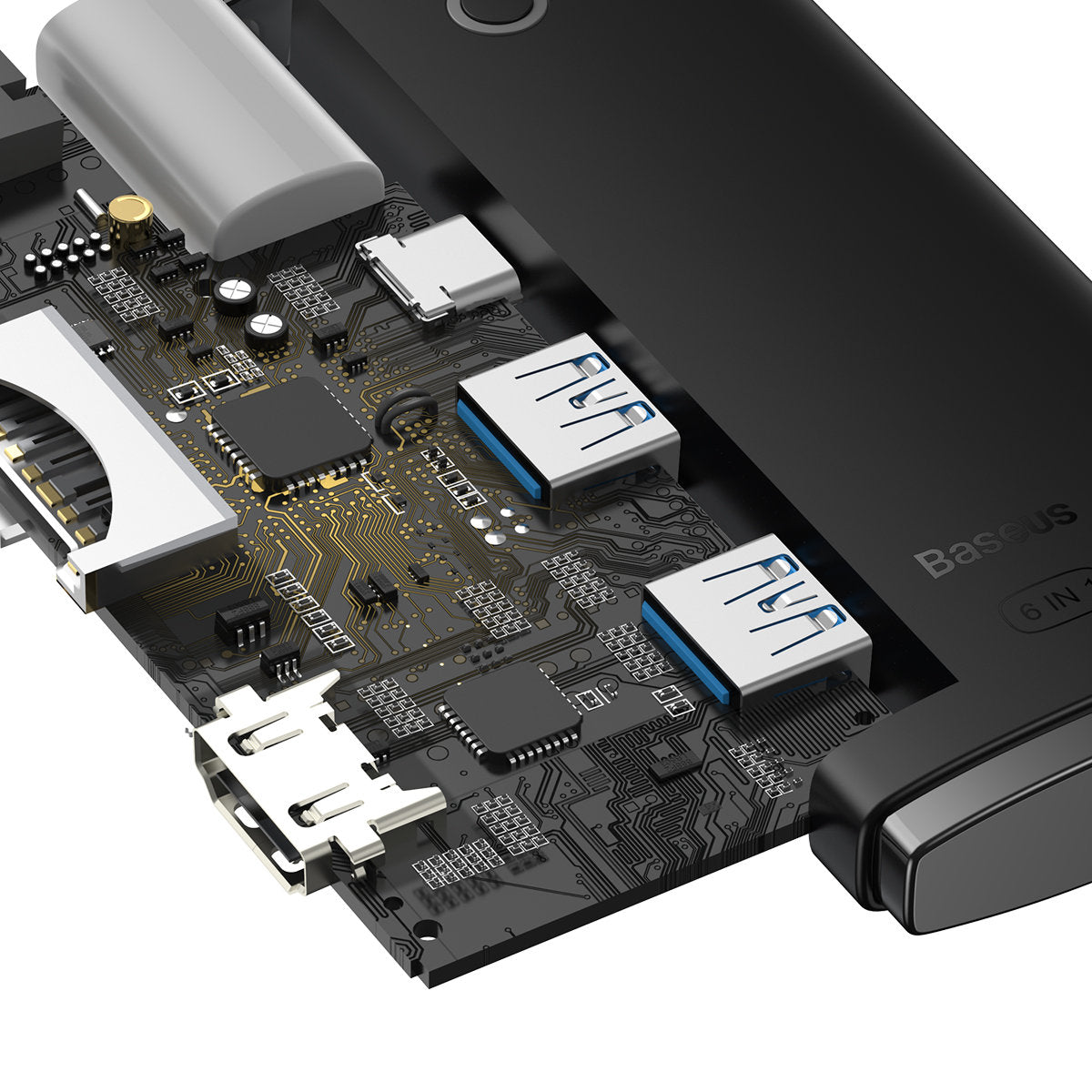 Hub USB-C Baseus, 2 x USB-A 3.0 - 1 x USB-C - 1 x HDMI - 1 x SD - 1 x microSD, Crni WKQX050001