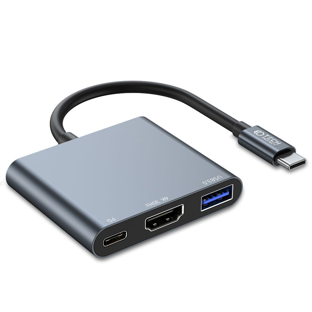 Hub USB-C Tech-Protect V1, USB-A 3.0 - 1 x USB-C - 1 x HDMI, Sivi