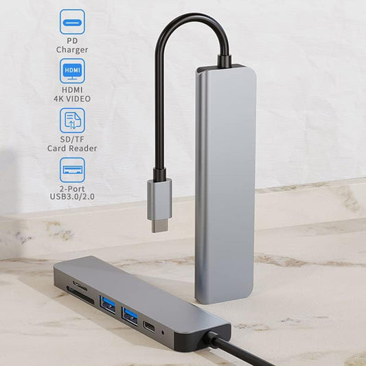 Hub USB-C Techsuit H5 TurboChargeX, 6u1, Sivi