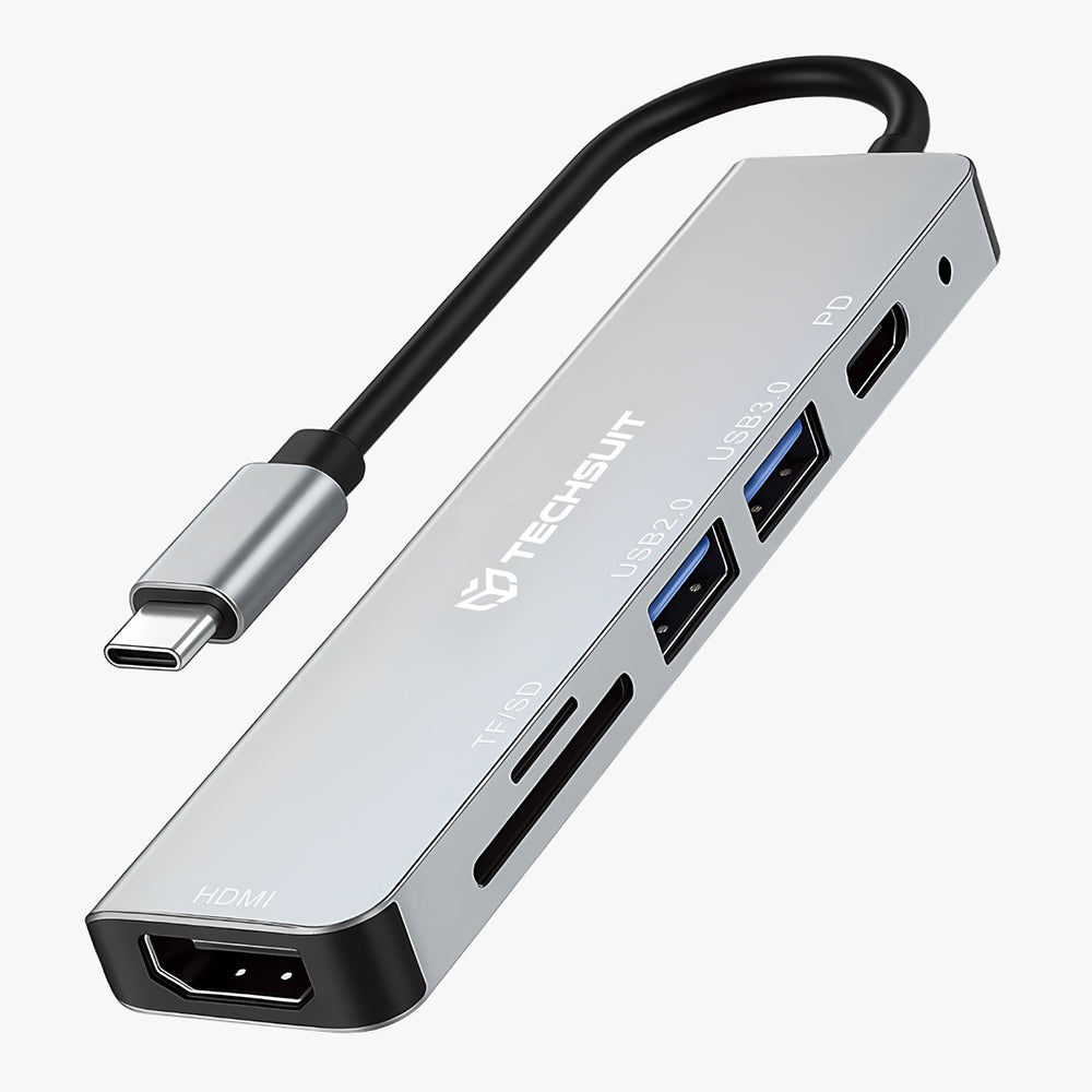 Hub USB-C Techsuit H5 TurboChargeX, 6u1, Sivi