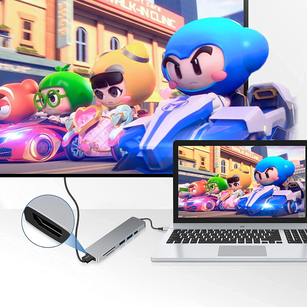 Hub USB-C Techsuit H5 TurboChargeX, 6u1, Sivi