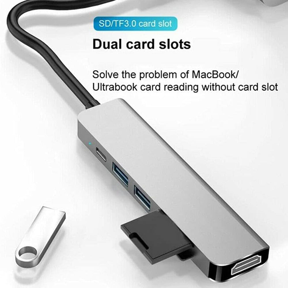 Hub USB-C Techsuit H5 TurboChargeX, 6u1, Sivi