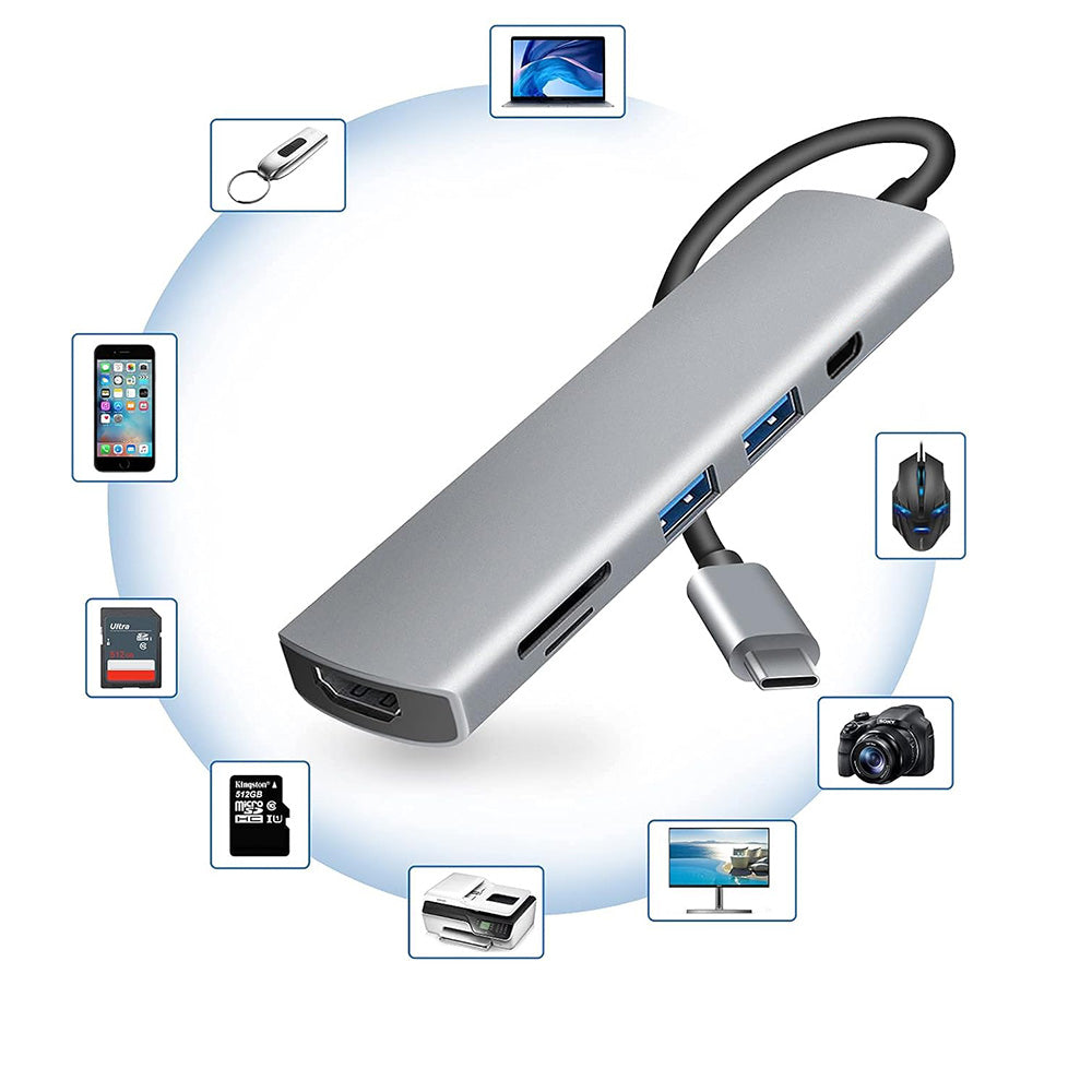 Hub USB-C Techsuit H5 TurboChargeX, 6u1, Sivi