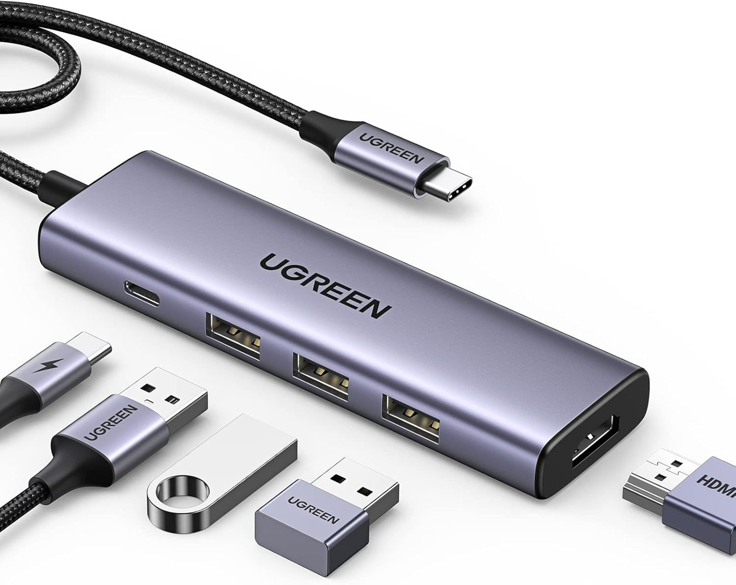 Hub USB-C UGREEN CM511, 3 x USB-A 3.0 - 1 x USB-C - 1 x HDMI, Sivi