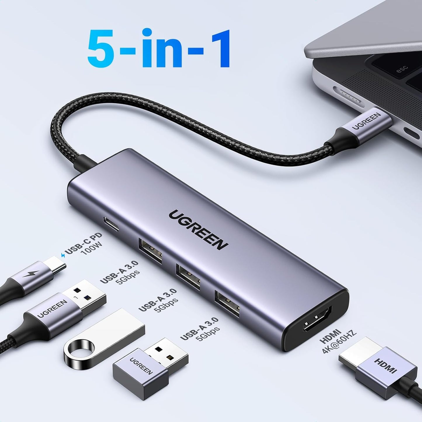 Hub USB-C UGREEN CM511, 3 x USB-A 3.0 - 1 x USB-C - 1 x HDMI, Sivi