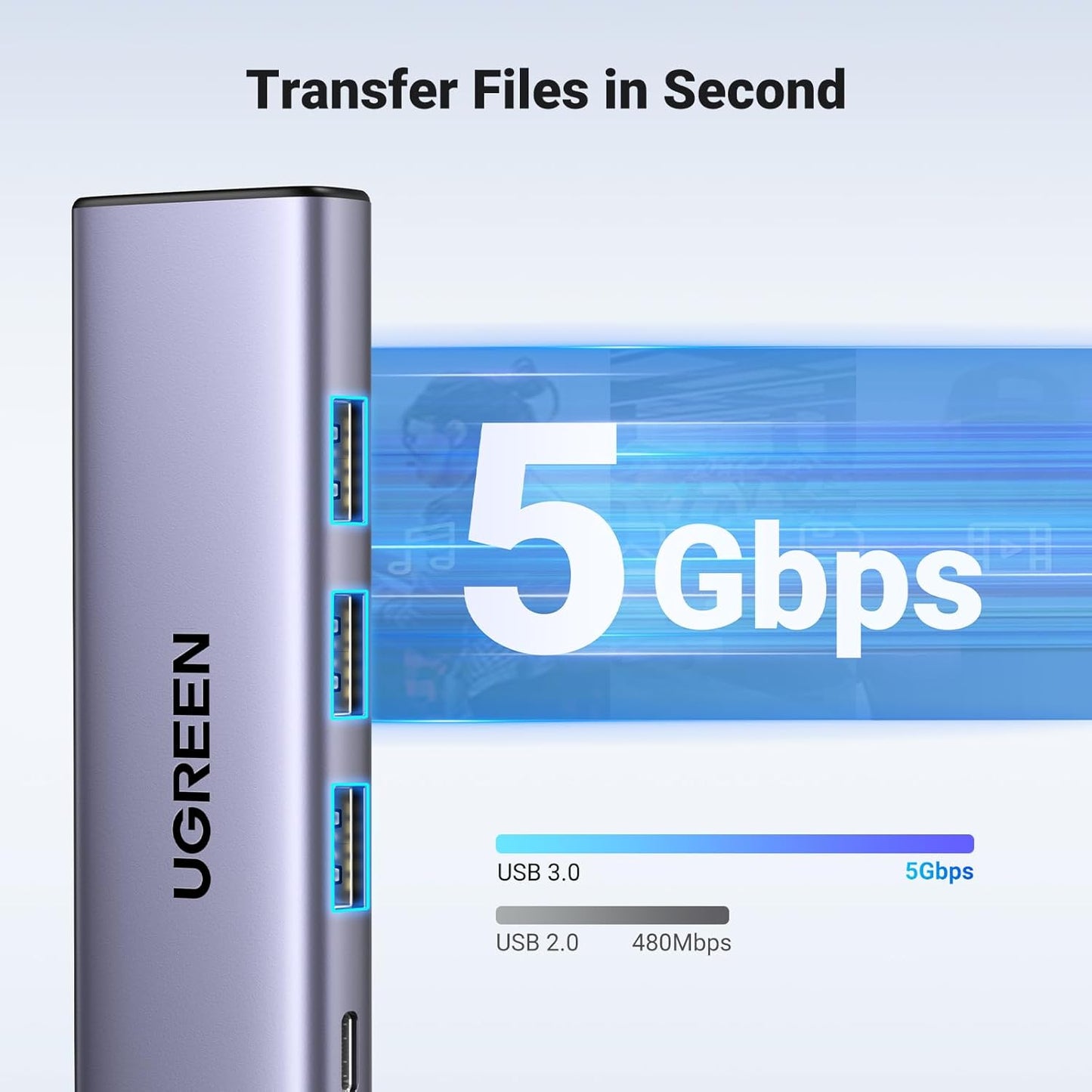 Hub USB-C UGREEN CM511, 3 x USB-A 3.0 - 1 x USB-C - 1 x HDMI, Sivi