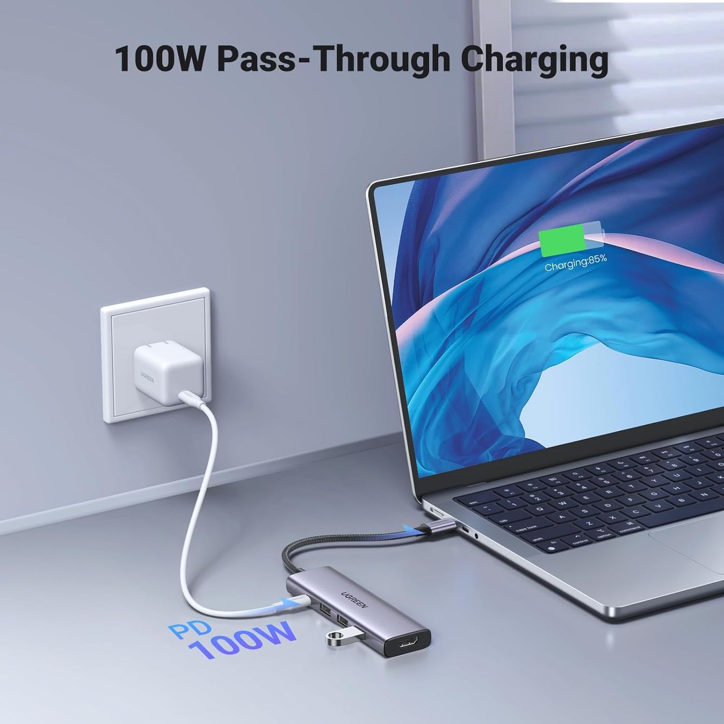 Hub USB-C UGREEN CM511, 3 x USB-A 3.0 - 1 x USB-C - 1 x HDMI, Sivi