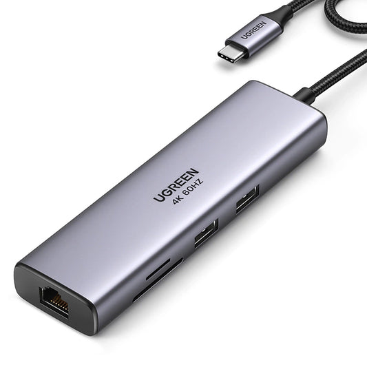 Hub USB-C UGREEN CM512, 2 x USB-A 3.0 - 1 x USB-C - 1 x HDMI - 1 x SD - 1 x microSD - RJ45, Sivi