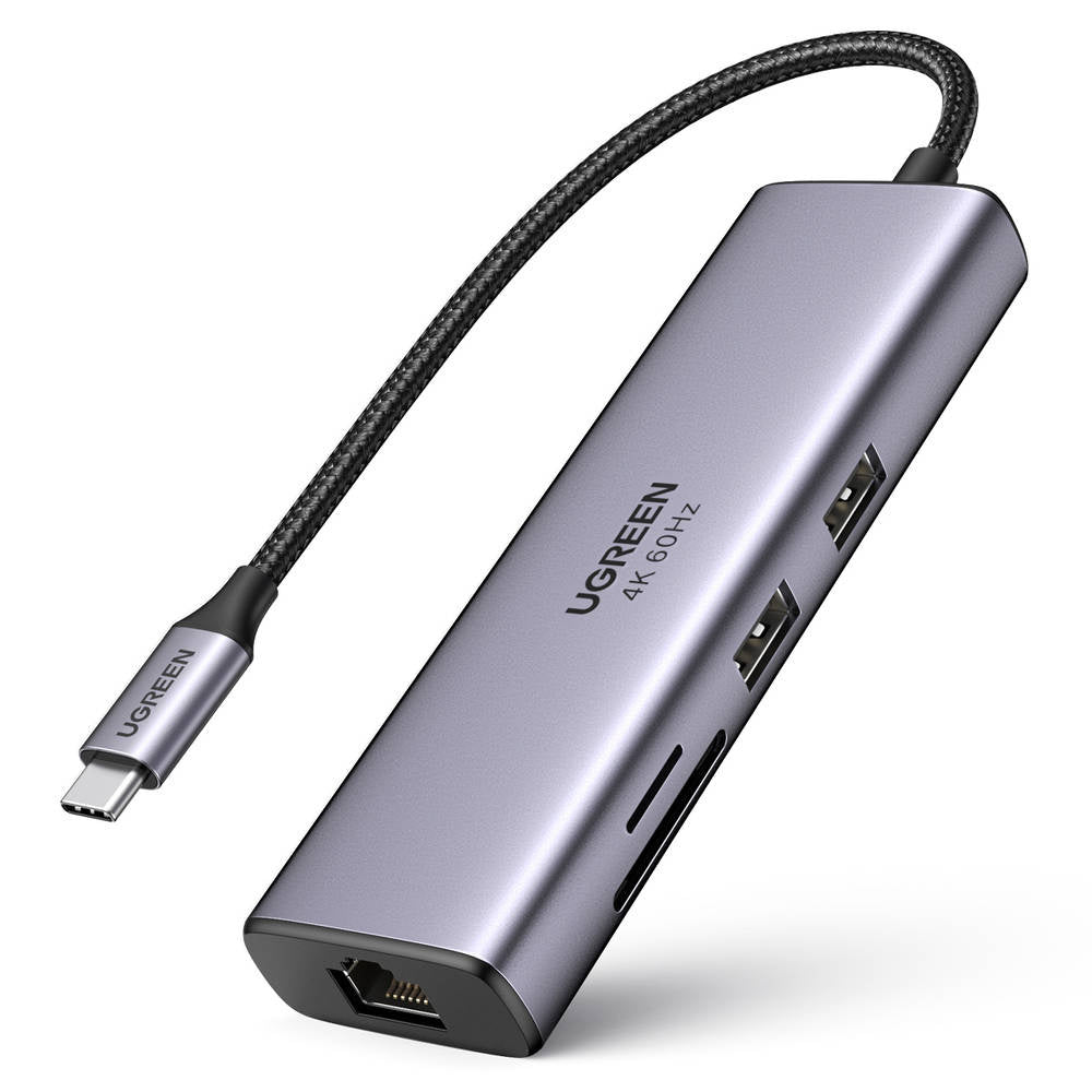 Hub USB-C UGREEN CM512 (60515), 2 x USB-A 3.0 - 1 x USB-C - 1 x HDMI - 1 x SD - 1 x microSD - 1 x RJ45, Sivi