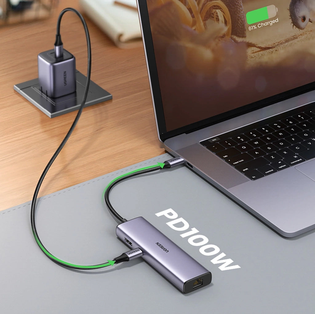 Hub USB-C UGREEN CM512 (90568), 2 x USB-A 3.0 - 1 x USB-C - 1 x HDMI - 1 x RJ45 - 1 x SD - 1 x microSD, Sivi