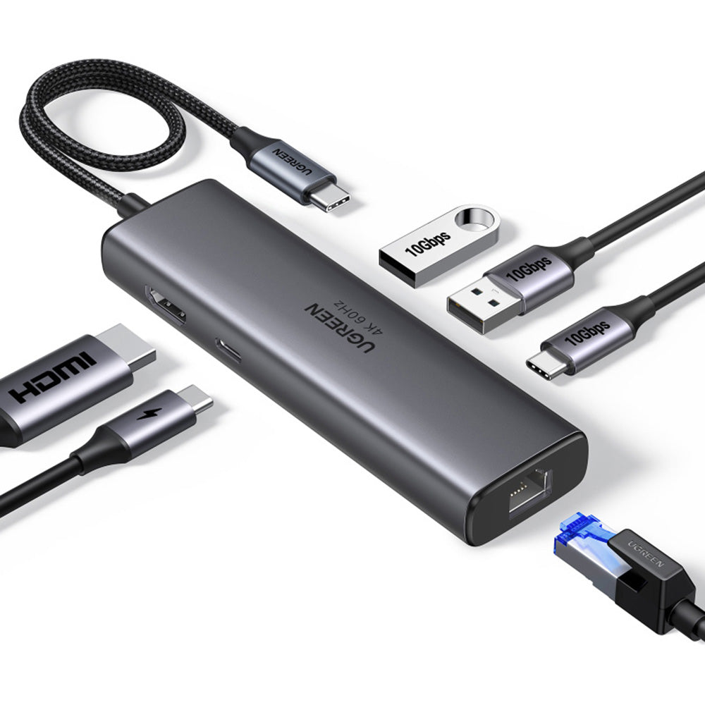 Hub USB-C UGREEN CM512 (45000), 2 x USB-A 3.2 - 2 x USB-C - 1 X HDMI - 1 x RJ45, Sivi