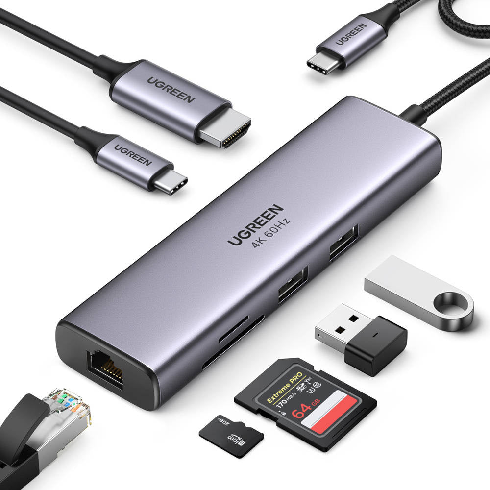 Hub USB-C UGREEN CM512 (60515), 2 x USB-A 3.0 - 1 x USB-C - 1 x HDMI - 1 x SD - 1 x microSD - 1 x RJ45, Sivi