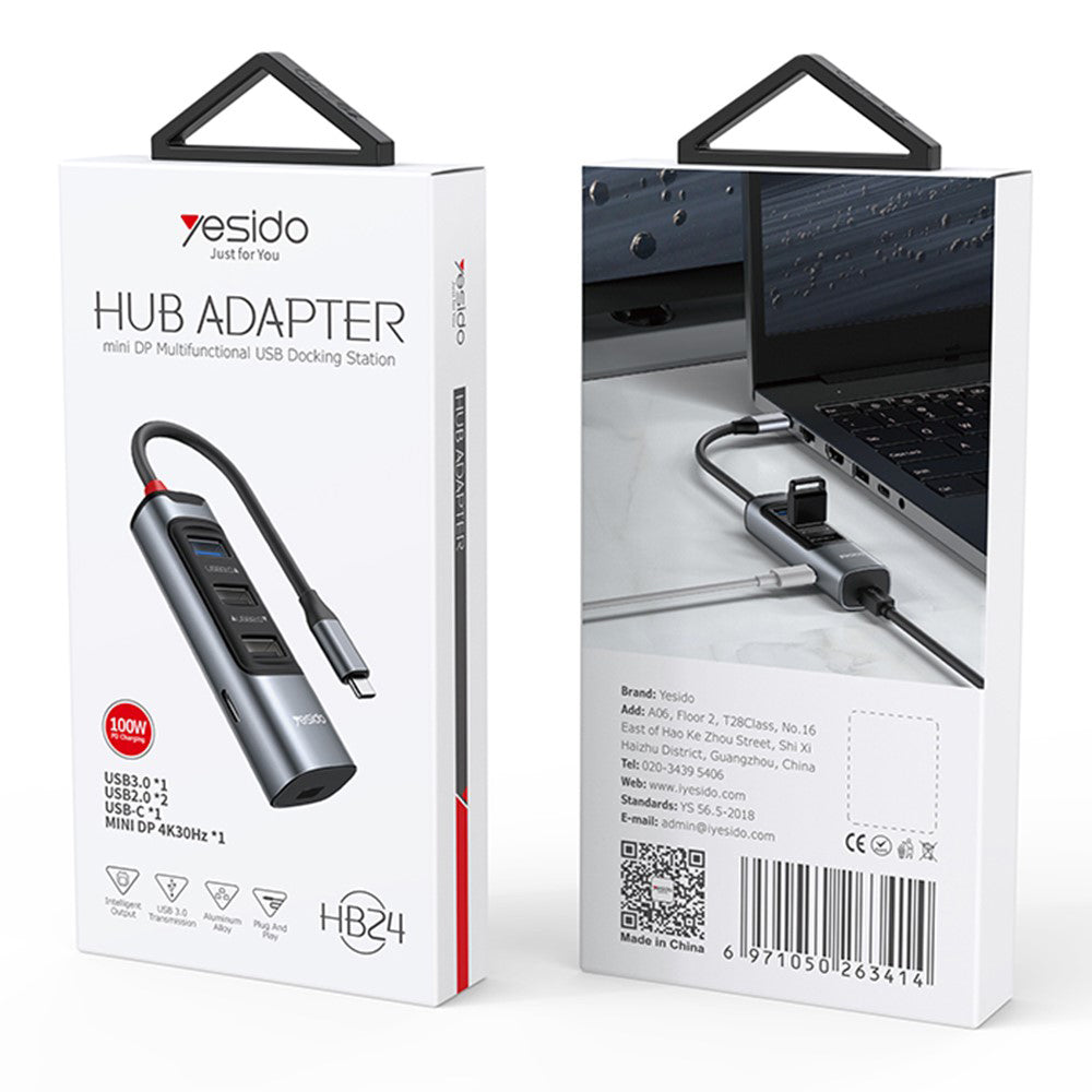 Hub USB-C Yesido HB24, 5u1, Sivi