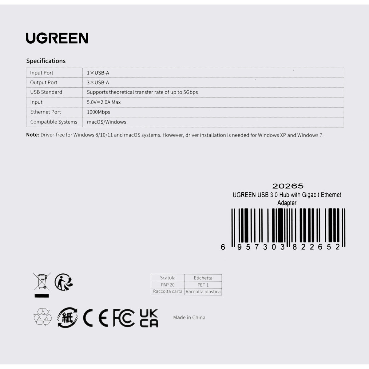 Hub USB UGREEN 20265, 3 x USB-A 3.0 - 1 x RJ45, Crni