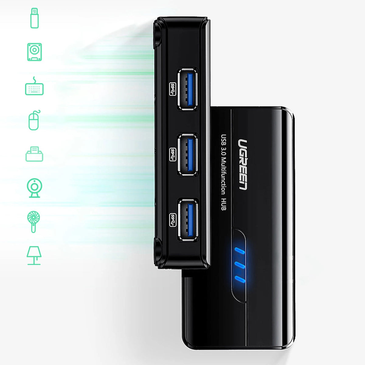Hub USB UGREEN 20265, 3 x USB-A 3.0 - 1 x RJ45, Crni