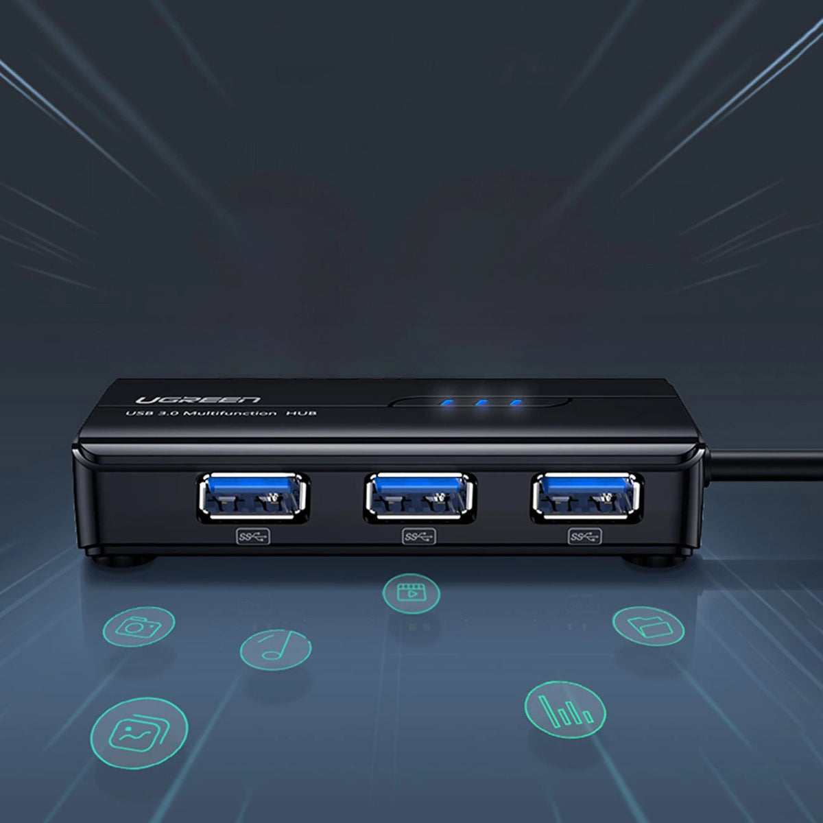 Hub USB UGREEN 20265, 3 x USB-A 3.0 - 1 x RJ45, Crni