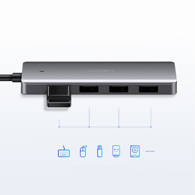 Hub USB UGREEN CM219, 4 x USB-A 3.0 - 1 x USB-C, Sivi