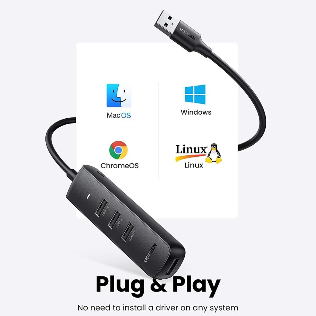 USB hub UGREEN CM416, 4 x USB-A 3.0, 0.25m, Crni