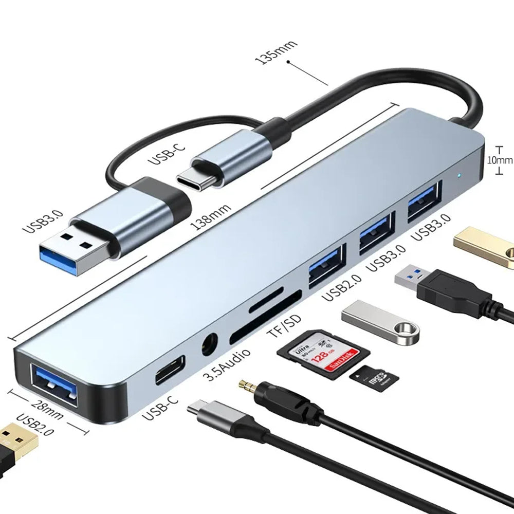 Hub USB / USB-C Techsuit H9 DataBridge, 8u1, Sivi