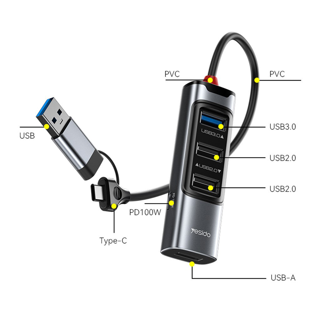 USB / USB-C hub Yesido HB20, 5u1, Sivi