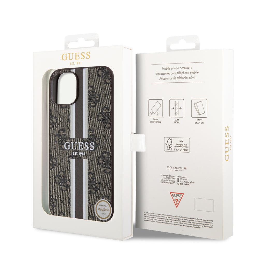 MagSafe futrola za Apple iPhone 15, Guess, 4G Printed Stripes, smeđa